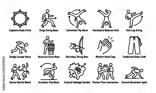 Foto Capoeira Icons Set: Martial Arts, Dance, Acrobatics, Music, and Culture Symbols