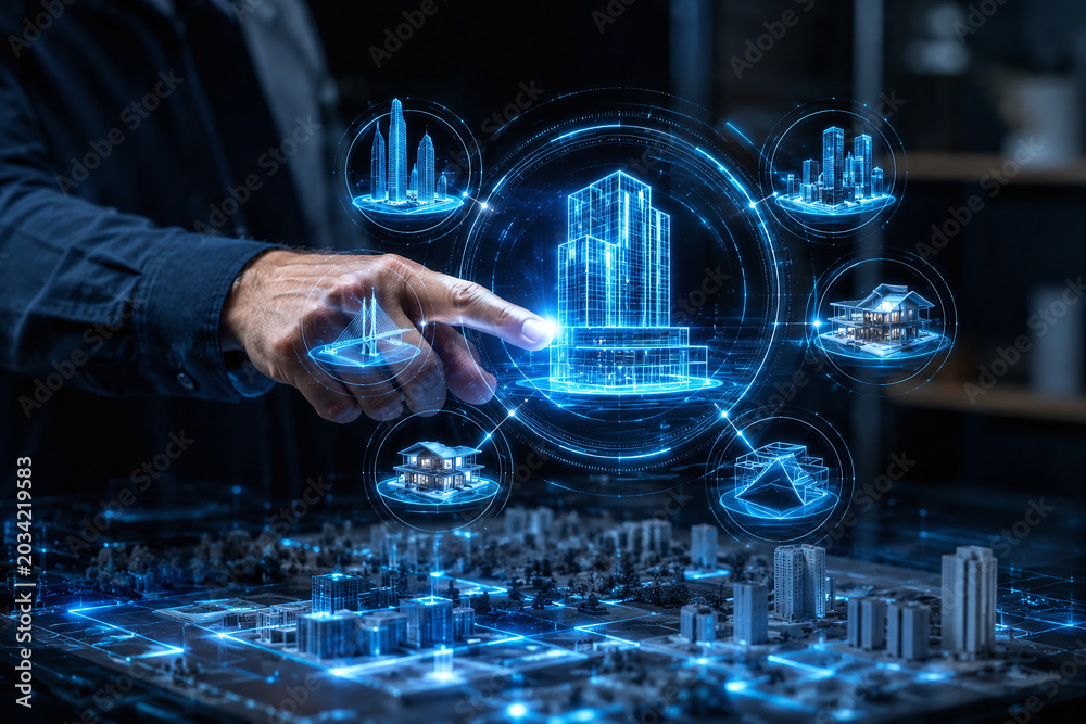 Fototapeta premium Architect Touching Futuristic Holographic Architecture Interface
