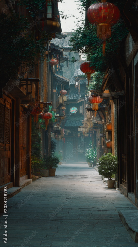 Fototapeta premium Red lanterns glowing through rainfall create festive night scenery with colorful lights, cultural ambiance, sparkling reflections and cozy atmosphere.