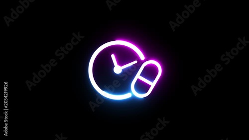 Neon glowing medical timer drugs icon animation.