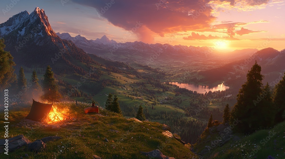 Obraz premium Mountain sunset campfire scene