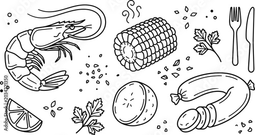 Cuadro en lienzo Seafood boil line icons vector set featuring fresh shrimp corn cob sausage lemon potato parsley and cutlery elements