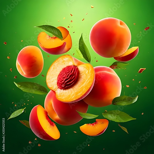 Fresh peaches and slices in motion
