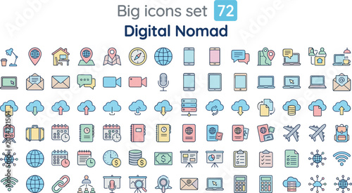 Bild auf Leinwand Digital nomad outline icon set with remote work travel cloud communication devic