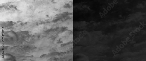 Quadro su tela Vintage monochrome cloud texture, antique etched sky illustration, dramatic blac