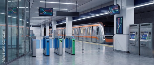 Modern subway station with sleek turnstiles and a train arriving on the platform