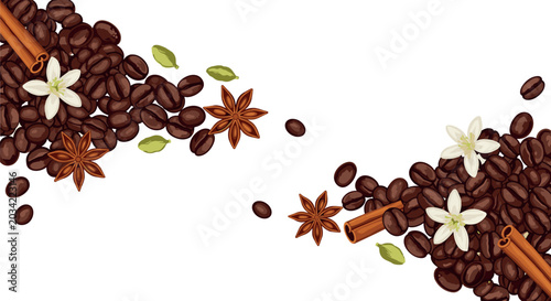 Bild auf Leinwand Roasted Coffee Beans Banner with Cinnamon Sticks Star Anise Cardamom Pods and Ja