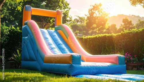 Colorful inflatable water slide on green lawn in sunny backyard garden during sunset, summer outdoor activity, bouncy castle, kids playground, backyard fun.