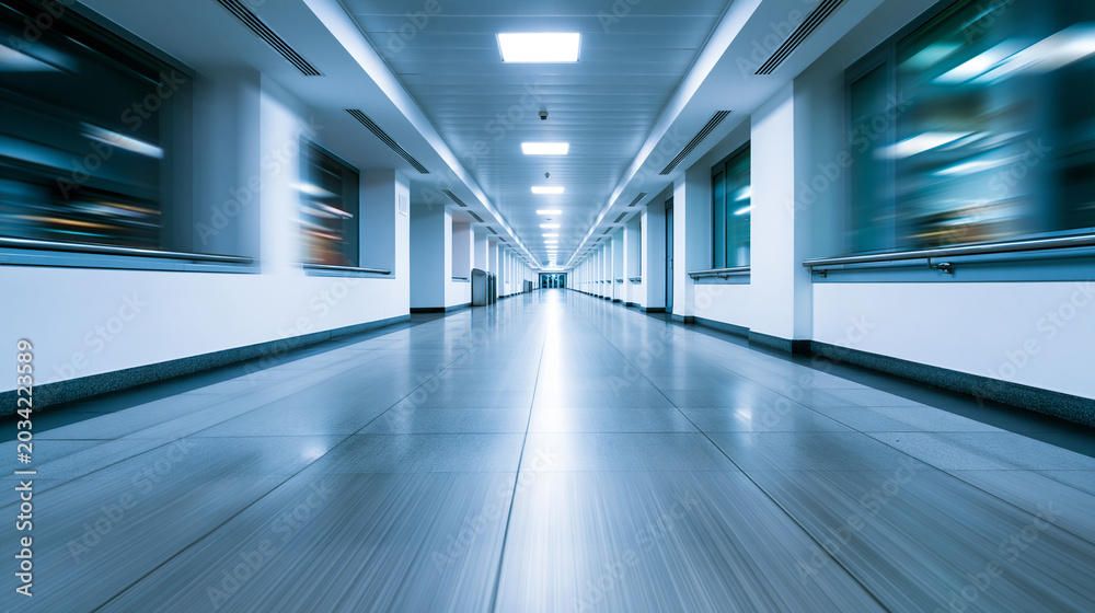 Obraz premium Modern empty corridor with motion blur perspective and futuristic architectural interior design.