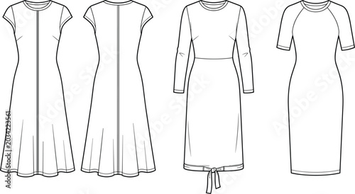 Fotografie Fashion technical sketch of women dresses template set including midi flare dres