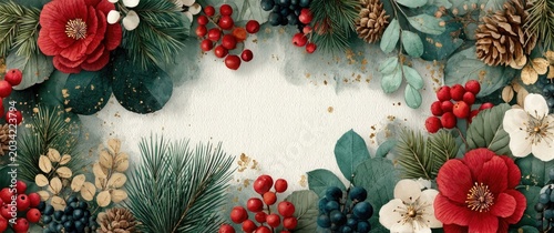 Watercolor Christmas Floral Frame with Red Flowers, Berries, Pinecones and Copy Space