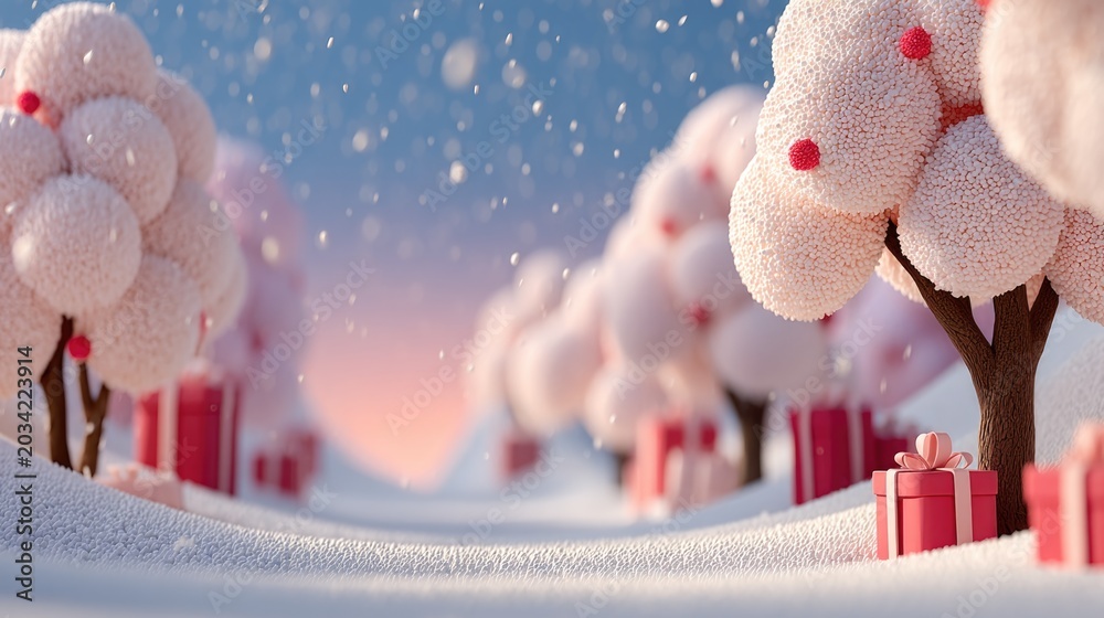 Obraz premium Pastel Christmas Winter Wonderland with Pink Snow Trees, Gifts and Soft Copy Space