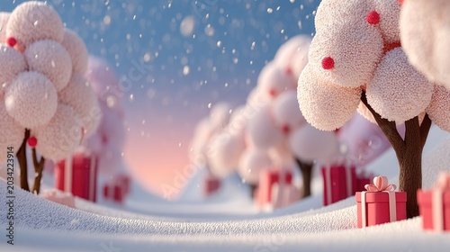 Pastel Christmas Winter Wonderland with Pink Snow Trees, Gifts and Soft Copy Space