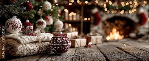 Cozy Christmas Living Room with Knitted Ornaments, Fireplace and Warm Holiday Lights