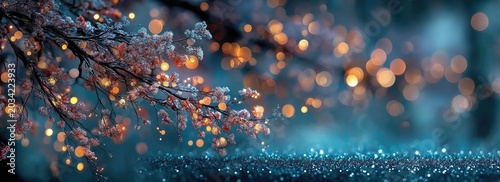 Frosted Winter Branch with Warm Bokeh Lights and Blue Copy Space