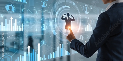 Businesswoman interacting with a futuristic digital interface showcasing strength and growth metrics in a modern office setting