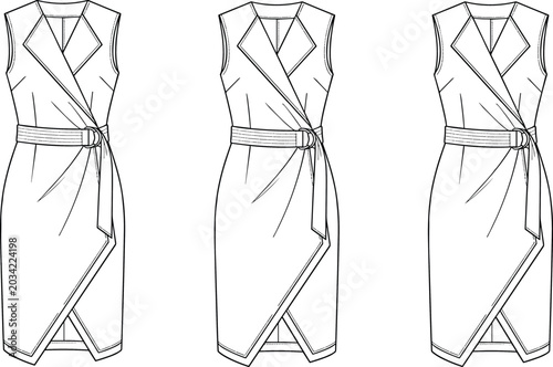 Foto Women elegant sleeveless wrap dress vector line art illustration featuring notch
