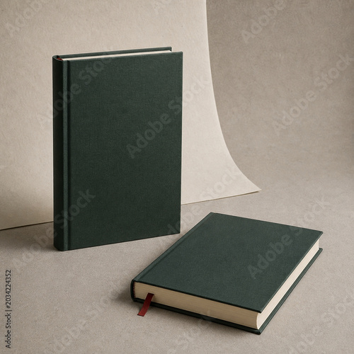 Naklejka クリーム色の背景紙の上に置かれたダークグリーンのリネンクロスハードカバー2冊のミニマルな書籍プロダクトショット。栞リボンとシンプルなレイアウト。