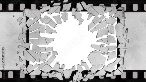 Shattered Film Frame With Cracks and Grunge Texture, Vintage Movie Reel Effect