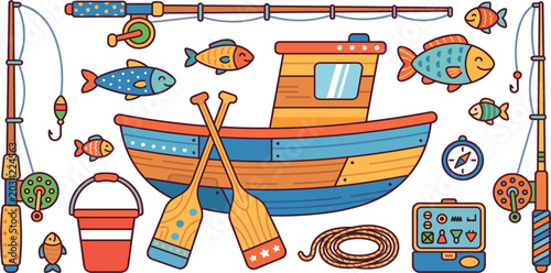 Foto Colorful Fishing and Nautical Adventure Icon Set with Wooden Boat, Fishing Rods,