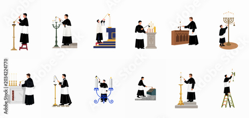 Konstfotografi Vector illustration set of altar servers and priests in traditional liturgical vestments lighting and extinguishing candles in various church settings on a white background