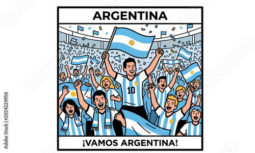 Argentina Football Fans Celebrating with Flags and  Argentina Vector Argentinian soccer fans celebrating with flags in a stadium, flat vector illustration 