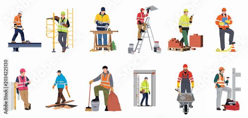Quadro su tela Professional collection of diverse construction workers in safety gear performing various building, maintenance, and site management tasks, isolated on white background