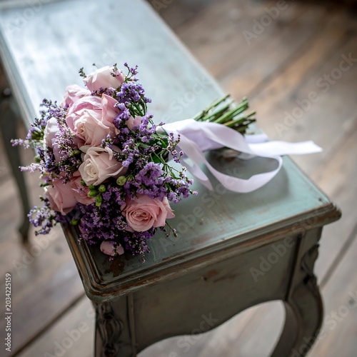Delicate Pink Rose Bouquet Resting on Vintage Wooden Bench