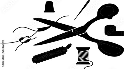 Fotografía Minimalist Black Silhouette Set of Professional Sewing Tools Including Scissors,