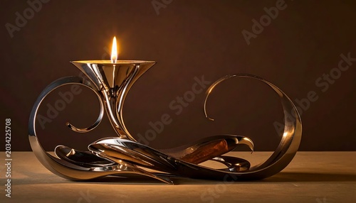 Elegant Metal Candle Holder Glowing on Wooden Surface in Dark Background