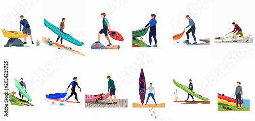 Obraz na płótnie Flat Vector Illustration Set of Men Carrying and Handling Kayaks in Various Outdoor and Coastal Settings