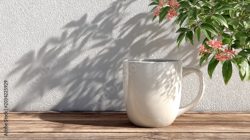 Morning Serenity A White Mug Bathed in Sunlight and Shadow.