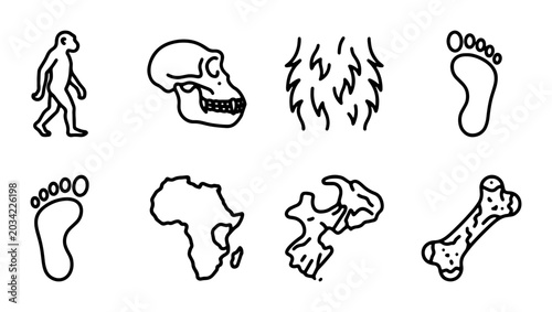 Tableau sur toile Evolution Icons: Human Ancestry, Fossil, Footprint, Africa Map, Bone, Silhouette