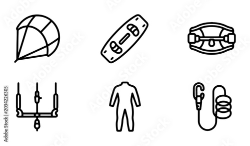 Foto Kitesurfing Equipment Icons, Vector Set: Kite, Board, Harness, Bar, Wetsuit, Lea