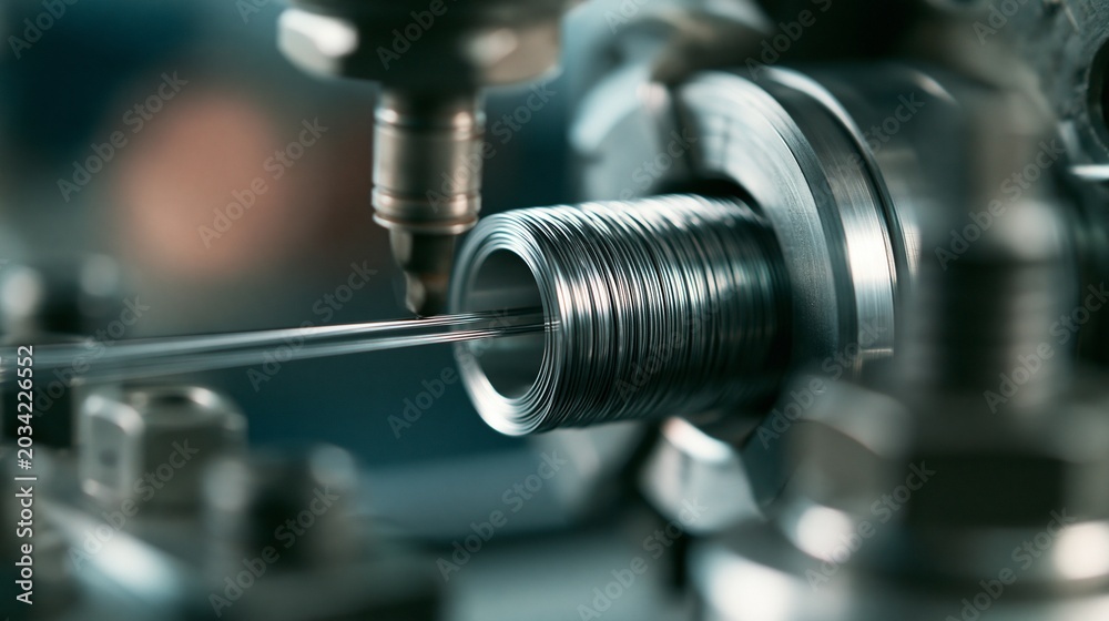 Fototapeta premium Medium shot of stainless steel wire undergoing reduction to exact piston ring diameter highlighting smooth mechanical operation and material quality.