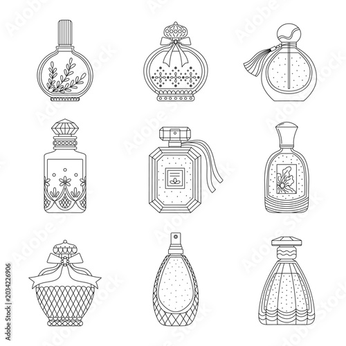 Set of vintage perfume bottles in line art style. Vector illustration of elegant fragrance glass containers with floral patterns and decorative details isolated on white background. 
