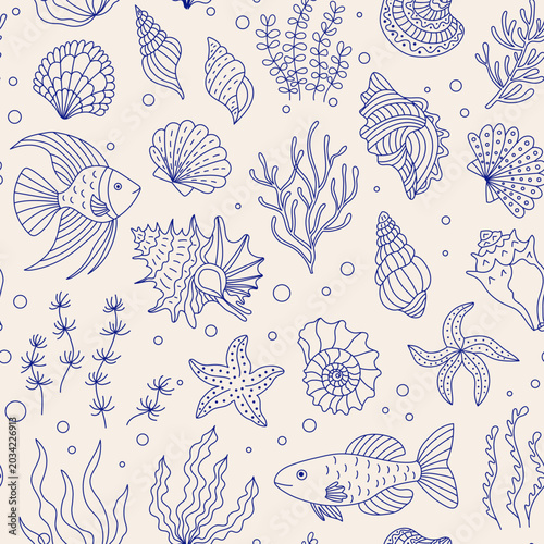 Seamless marine pattern with sea shells, fish, and seaweed. Vector nautical background in line art style for summer textile, wrapping paper, and wallpaper design.