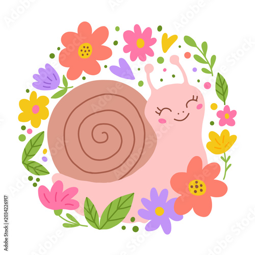 Cute pink snail with spring flowers illustration