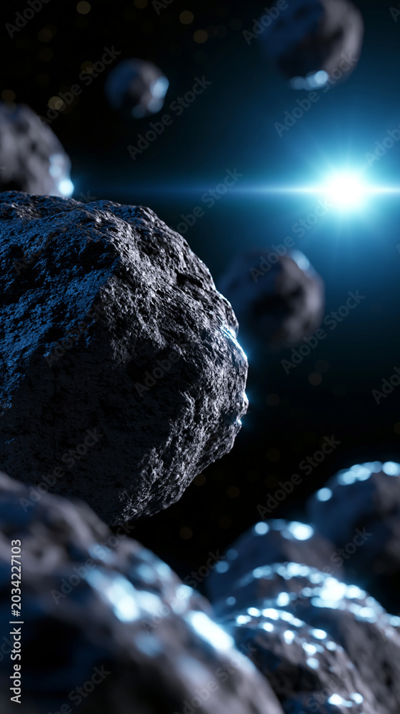 Obraz premium Close view of asteroid in space with bright star light illuminating cosmic scene and floating rocks.