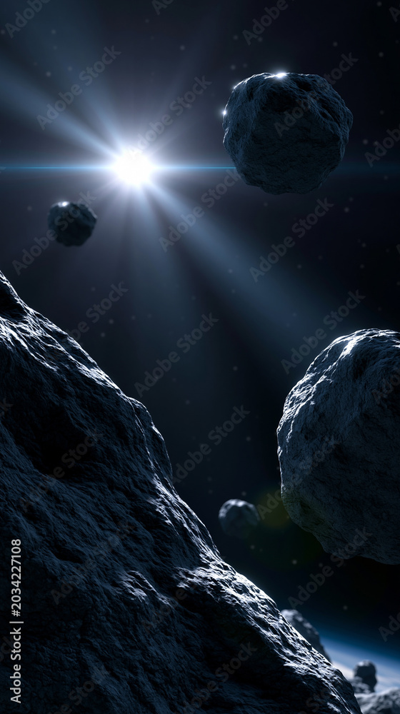 Obraz premium Close view of asteroid in space with bright star light illuminating cosmic scene and floating rocks.
