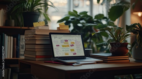 Cozy Workspace with Laptop, Books, and Plants in Natural Light