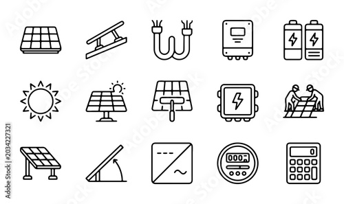 Photos Solar Power Energy Icons: Renewable Technology, Photovoltaic Systems, Clean Elec