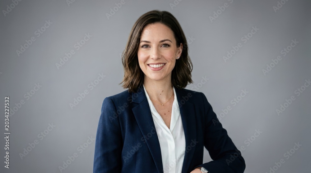 Fototapeta premium A woman in a blue blazer and white shirt, standing against a gray background.