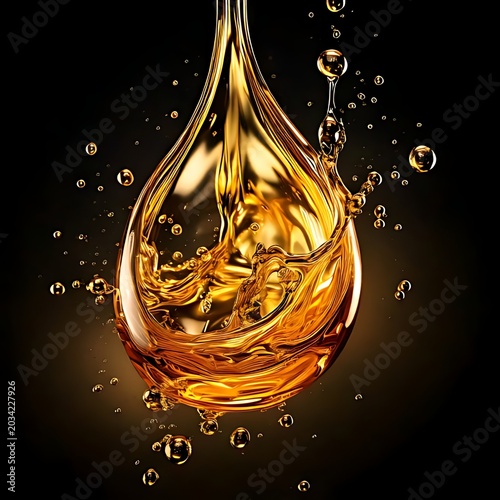 Golden liquid splash, droplet, dark background