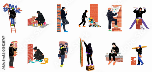 Bild auf Leinwand Diverse characters representing street artists, graffiti writers, and maintenance workers performing various tasks, isolated on a white background