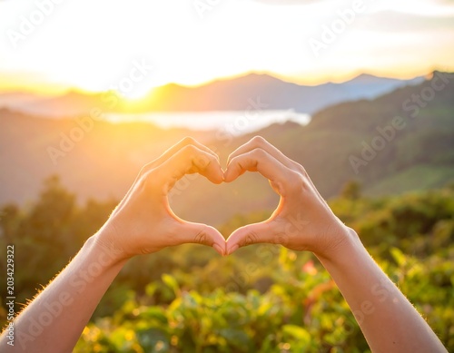 Hands form heart shape against sunrise mountains