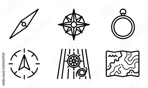 Foto Nautical Navigation Icons: Compass, Map, Steering Wheel, Wind Rose, Vintage Dire