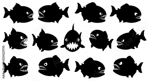 Fotografía Set of Black Piranha Silhouettes on White Background