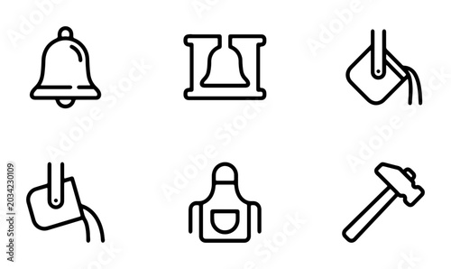 Foto Bell Foundry Icons: Metal Casting, Apron, Hammer, Bell Mold, Pouring Ladle, Vect