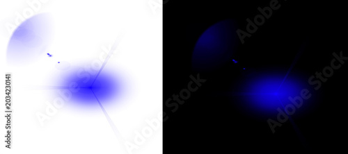 Blue lens flare light effect, glowing optical sunbeam on white and black background, cinematic anamorphic lighting overlay for photography